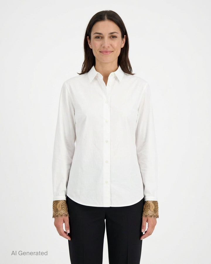 Dries Van Noten white long-sleeve blouse with ornate gold beaded and embroidered cuffs, front view on a ghost mannequin - front
