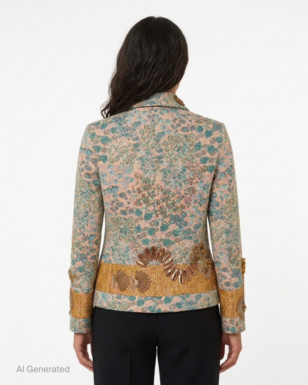 Dries Van Noten lightweight floral jacquard jacket with gold sequin and bead embroidery, golden brocade hem and cuff bands, and button-through front - back