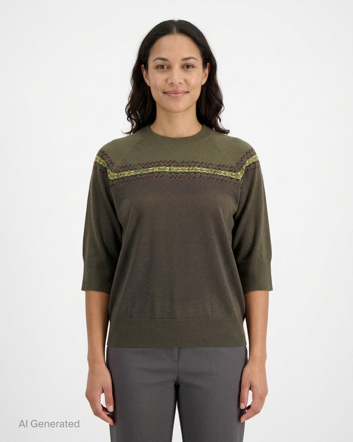 Dries Van Noten cream knit top with three-quarter sleeves, mock neck, and a multicolour Fair Isle jacquard yoke band featuring red, green, and black floral motifs - front