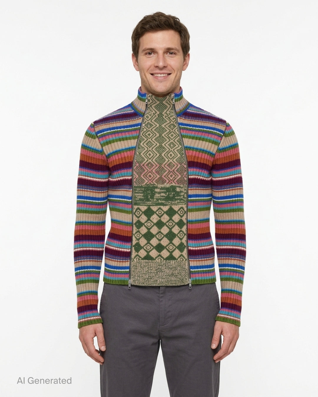 Dries Van Noten fitted rib cardigan with multicoloured horizontal stripes, a green and beige jacquard front panel, and dual zip closure - front