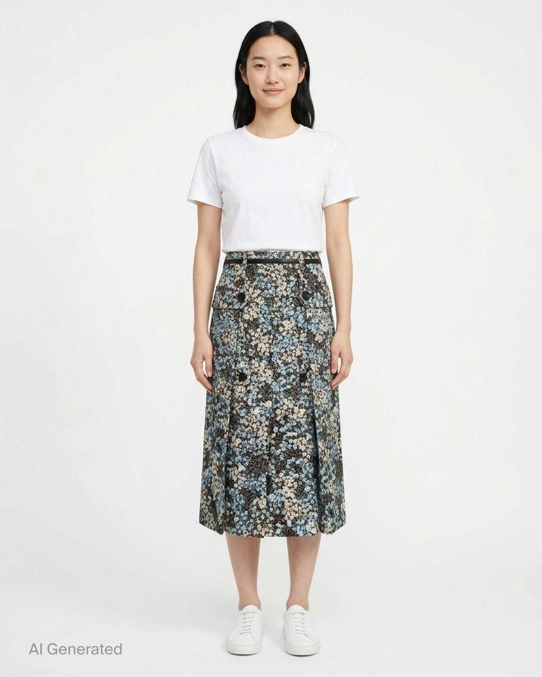 Dries Van Noten floral jacquard straight midi skirt with double-breasted button placket, flap pockets, belt loops with contrast ribbon belt, and front hem pleats, displayed flat on a white background - front