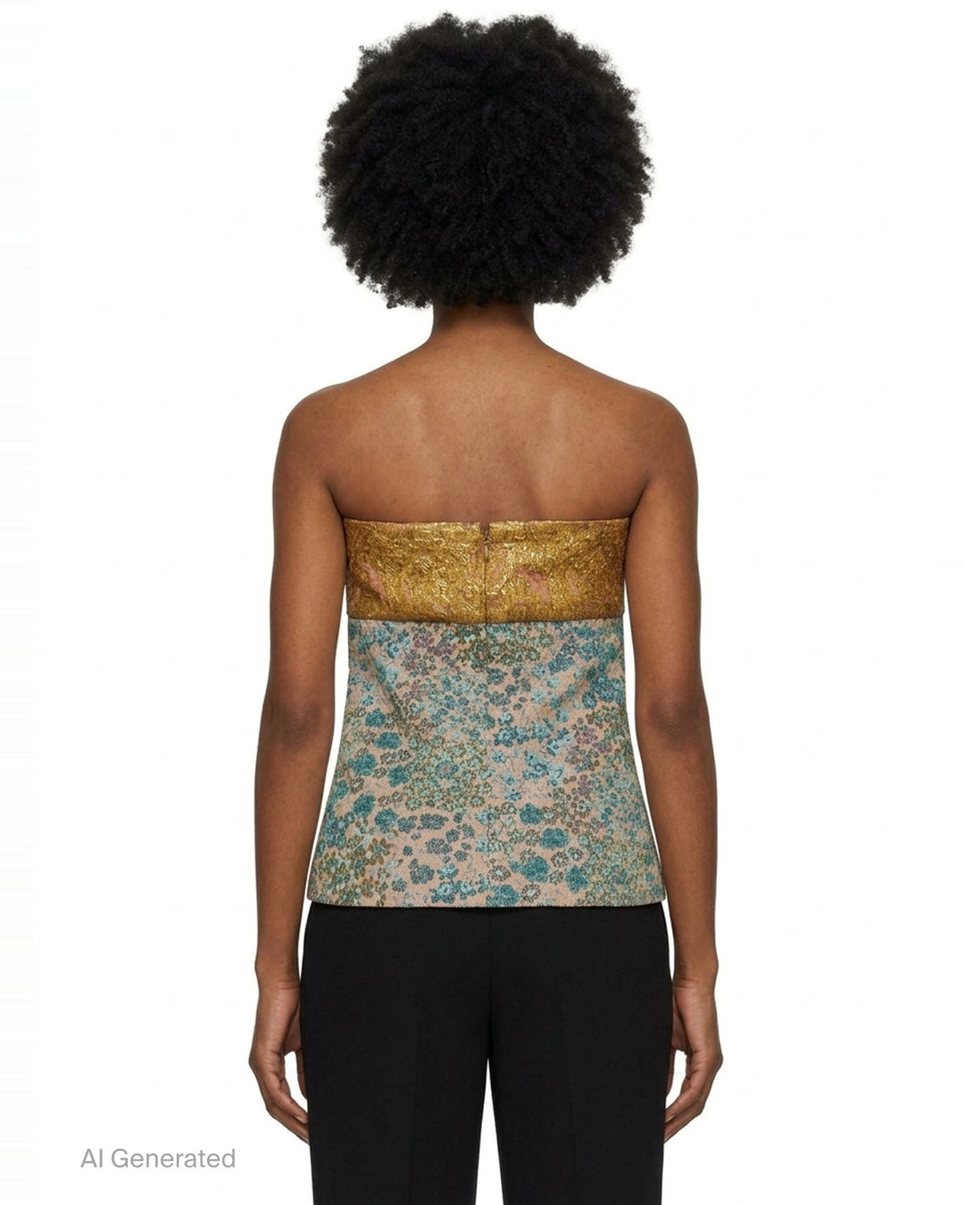Dries Van Noten structured strapless bustier top in mixed floral jacquard patchwork, featuring a dark-ground botanical upper panel and a blue-ground meadow floral lower panel with a gently flared silhouette - back