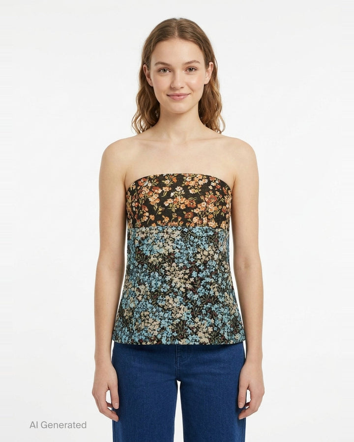 Dries Van Noten structured strapless bustier top in mixed floral jacquard patchwork, featuring a dark-ground botanical upper panel and a blue-ground meadow floral lower panel with a gently flared silhouette - front