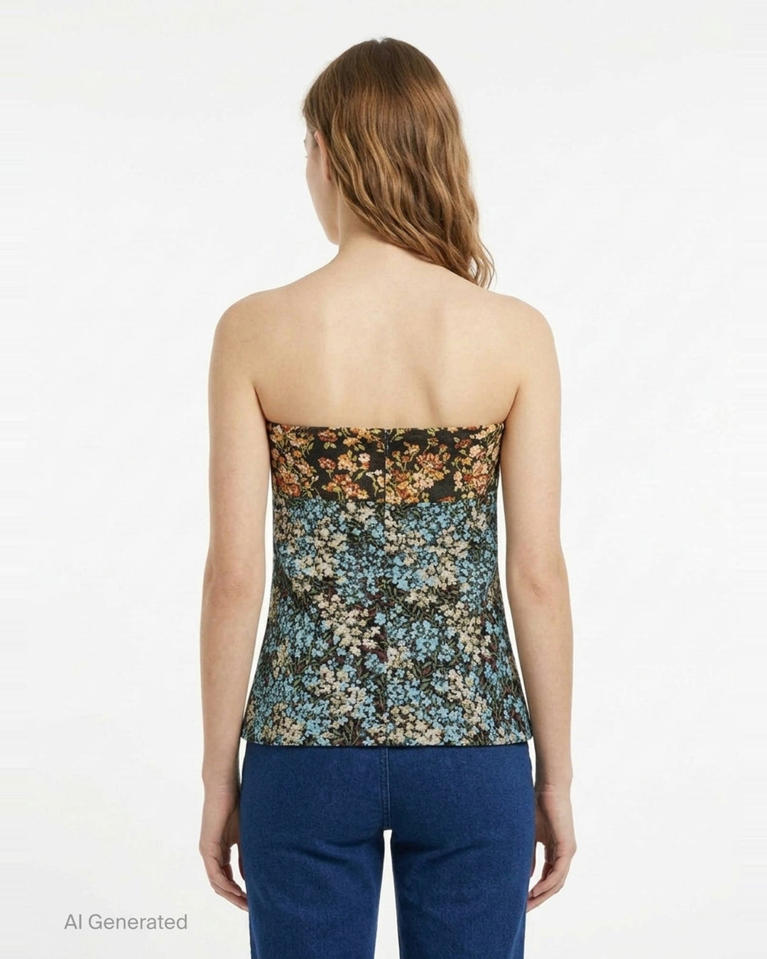 Dries Van Noten structured strapless bustier top in mixed floral jacquard patchwork, featuring a dark-ground botanical upper panel and a blue-ground meadow floral lower panel with a gently flared silhouette - back