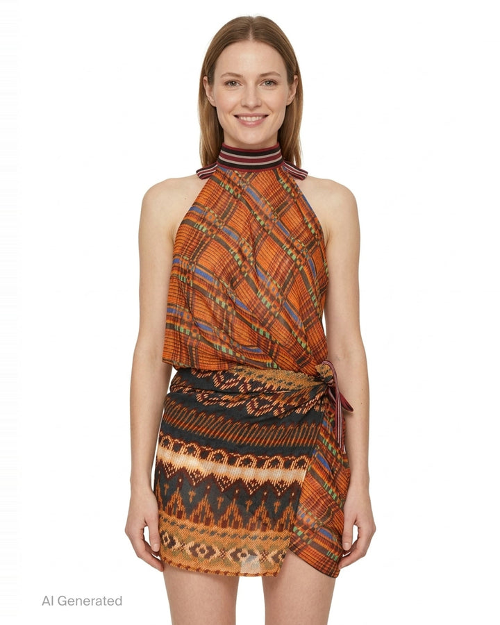 Dries Van Noten Foulard Wrap Skirt with kente-inspired mesh halterneck bodice, striped ribbed collar, and ikat-border draped wrap skirt in amber, charcoal, and burgundy - front