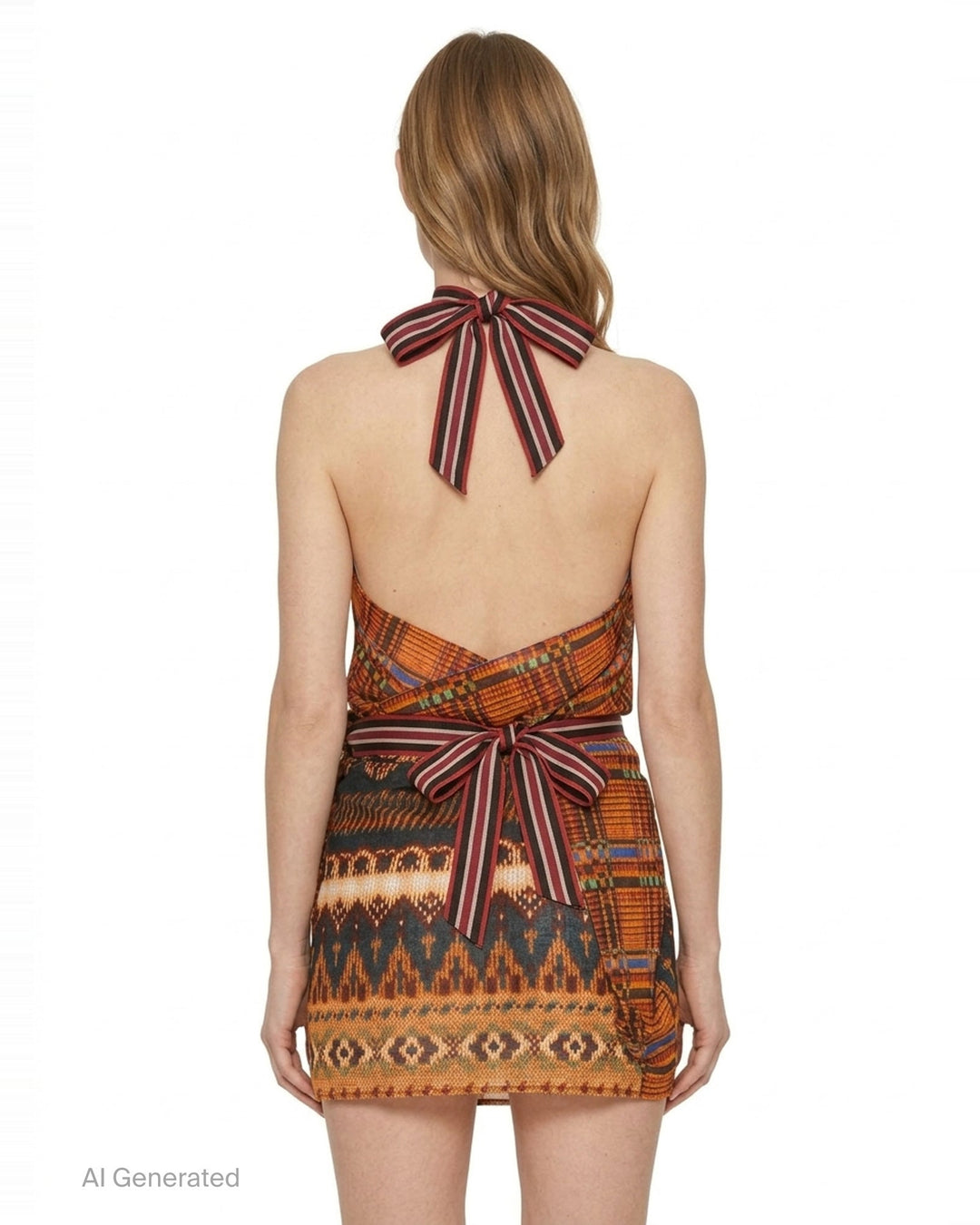 Dries Van Noten Foulard Wrap Skirt with kente-inspired mesh halterneck bodice, striped ribbed collar, and ikat-border draped wrap skirt in amber, charcoal, and burgundy - back