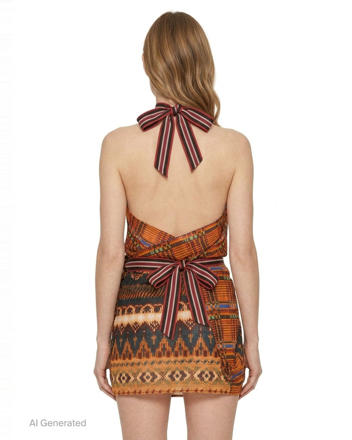 Dries Van Noten Foulard Wrap Skirt with kente-inspired mesh halterneck bodice, striped ribbed collar, and ikat-border draped wrap skirt in amber, charcoal, and burgundy - back