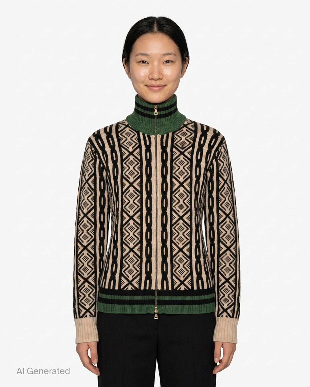 Dries Van Noten zip-front cardigan with cream and black cable and geometric jacquard knit, green striped ribbed high neck and hem - front