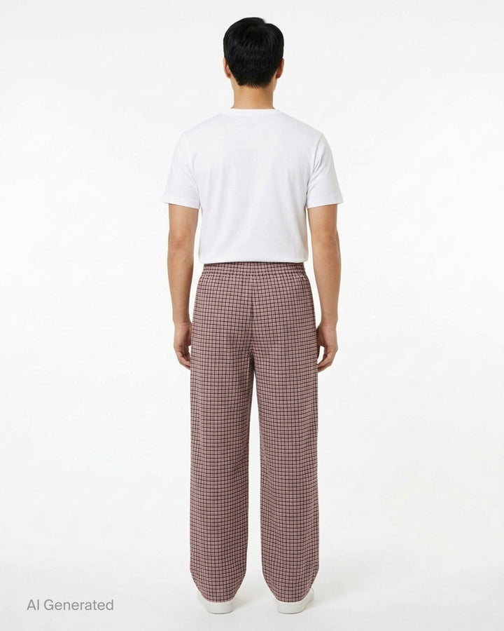 Dries Van Noten loose fit draped front pyjama pants in red, navy and white check plaid with elasticated drawstring waist and wide-leg silhouette - back
