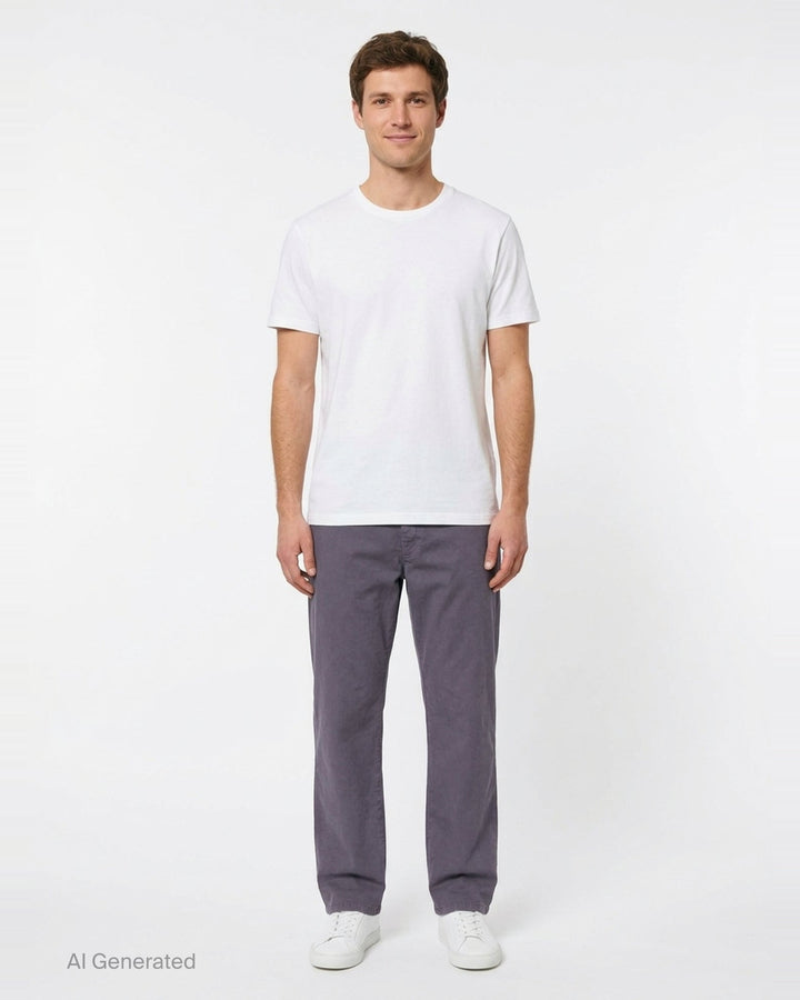 Dries Van Noten loose fit mid rise straight pants in muted slate purple cotton twill, front view on white background - front