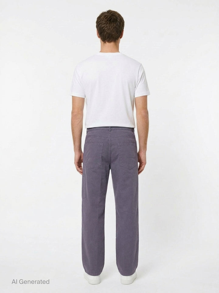 Dries Van Noten loose fit mid rise straight pants in muted slate purple cotton twill, front view on white background - back
