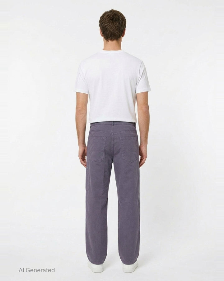 Dries Van Noten loose fit mid rise straight pants in muted slate purple cotton twill, front view on white background - back