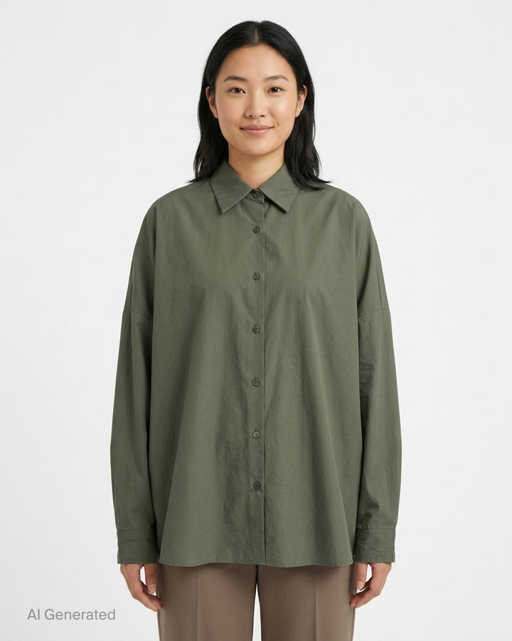 Dries Van Noten oversized cocoon shirt in olive green with pointed collar, dropped shoulders, long voluminous sleeves and button-front closure - front