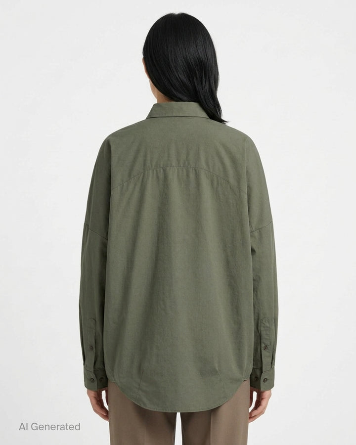 Dries Van Noten oversized cocoon shirt in olive green with pointed collar, dropped shoulders, long voluminous sleeves and button-front closure - back