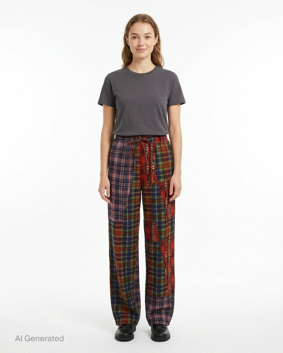 Dries Van Noten patchwork plaid straight-leg trousers featuring mixed tartan and check panels in red, navy, and green tones with an elasticated drawstring waist - front