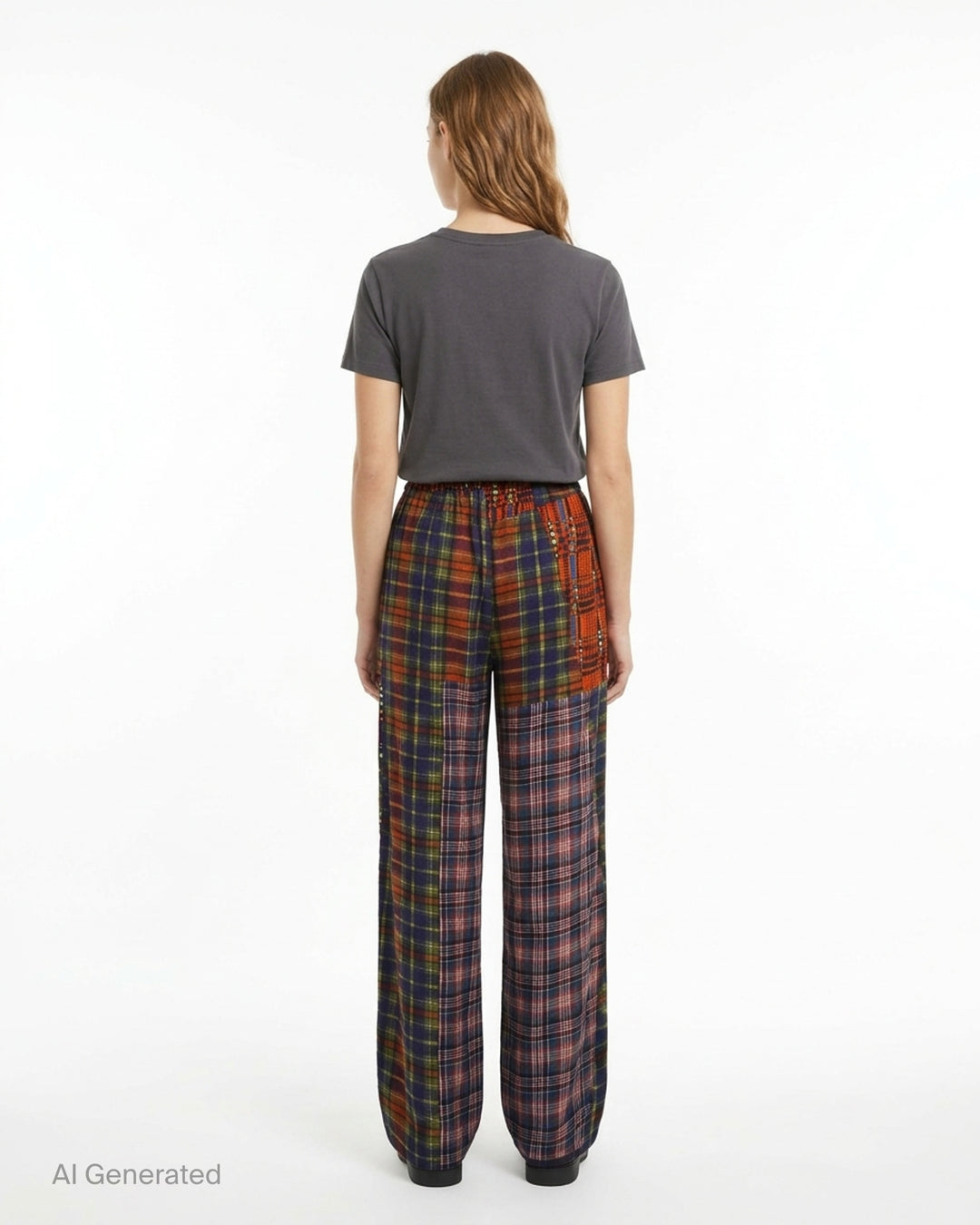 Dries Van Noten patchwork plaid straight-leg trousers featuring mixed tartan and check panels in red, navy, and green tones with an elasticated drawstring waist - back
