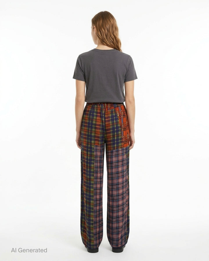 Dries Van Noten patchwork plaid straight-leg trousers featuring mixed tartan and check panels in red, navy, and green tones with an elasticated drawstring waist - back