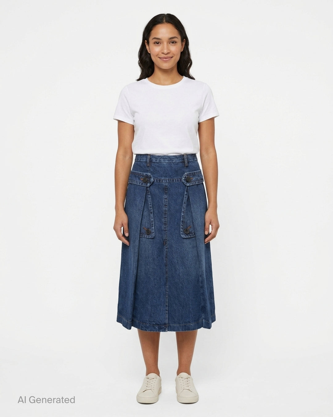 Dries Van Noten indigo wash denim midi skirt with buttoned flap pockets, inverted pleats, and a structured A-line silhouette, photographed flat on a white background - front