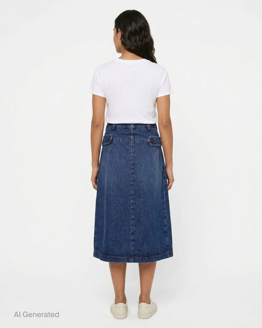 Dries Van Noten indigo wash denim midi skirt with buttoned flap pockets, inverted pleats, and a structured A-line silhouette, photographed flat on a white background - back