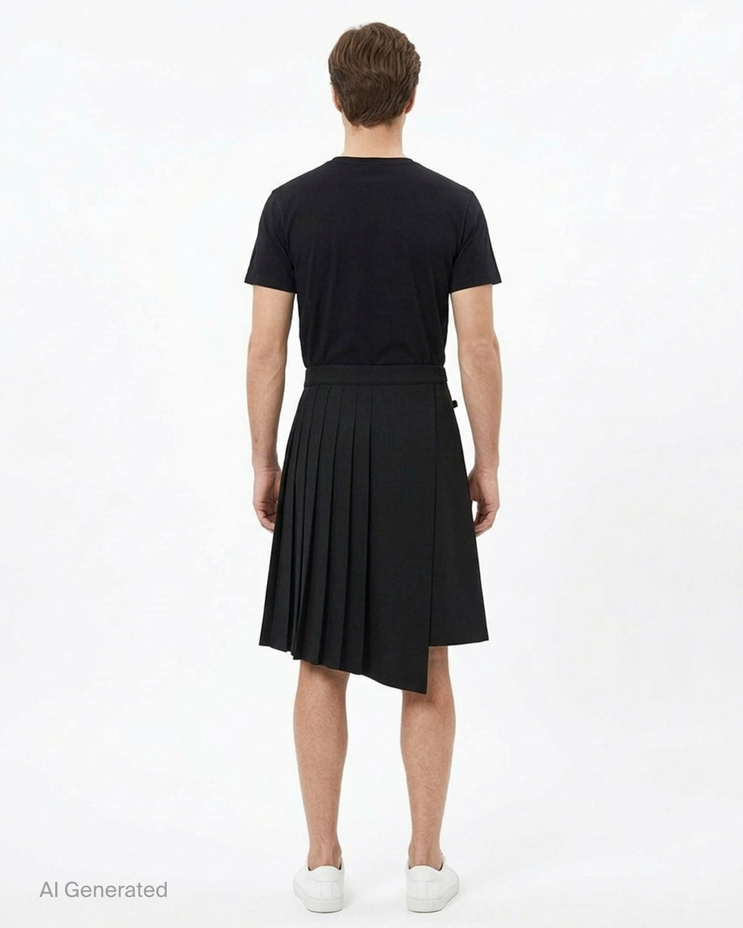 Dries Van Noten black pleated wrap kilt skirt with diagonal buckle waistband and asymmetric knife-pleated hem, shot on a white background - back