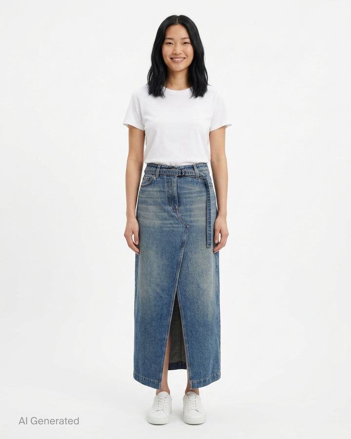 Dries Van Noten straight floor-length mid-blue washed denim skirt with front slit, belted high waist, and five-pocket construction, on a white background - front