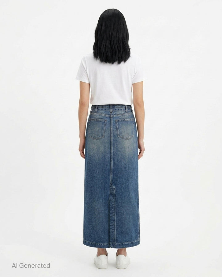 Dries Van Noten straight floor-length mid-blue washed denim skirt with front slit, belted high waist, and five-pocket construction, on a white background - back