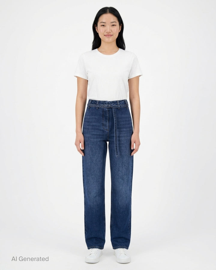 Dries Van Noten straight leg belted jeans in mid-blue denim wash, shown flat with integrated self-fabric belt and high-rise waist - front