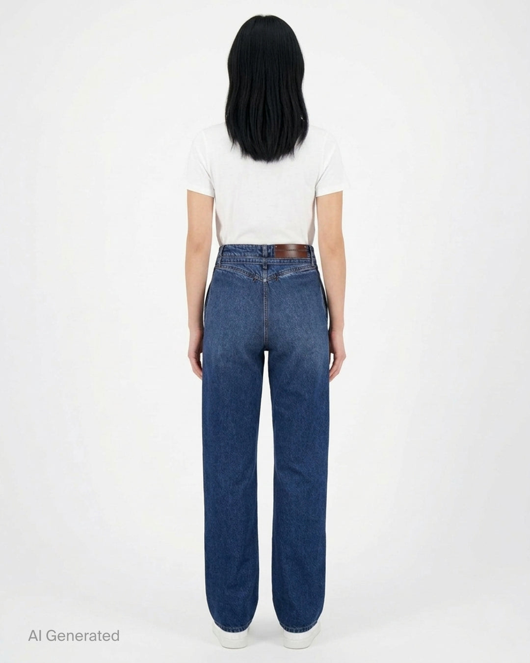 Dries Van Noten straight leg belted jeans in mid-blue denim wash, shown flat with integrated self-fabric belt and high-rise waist - back