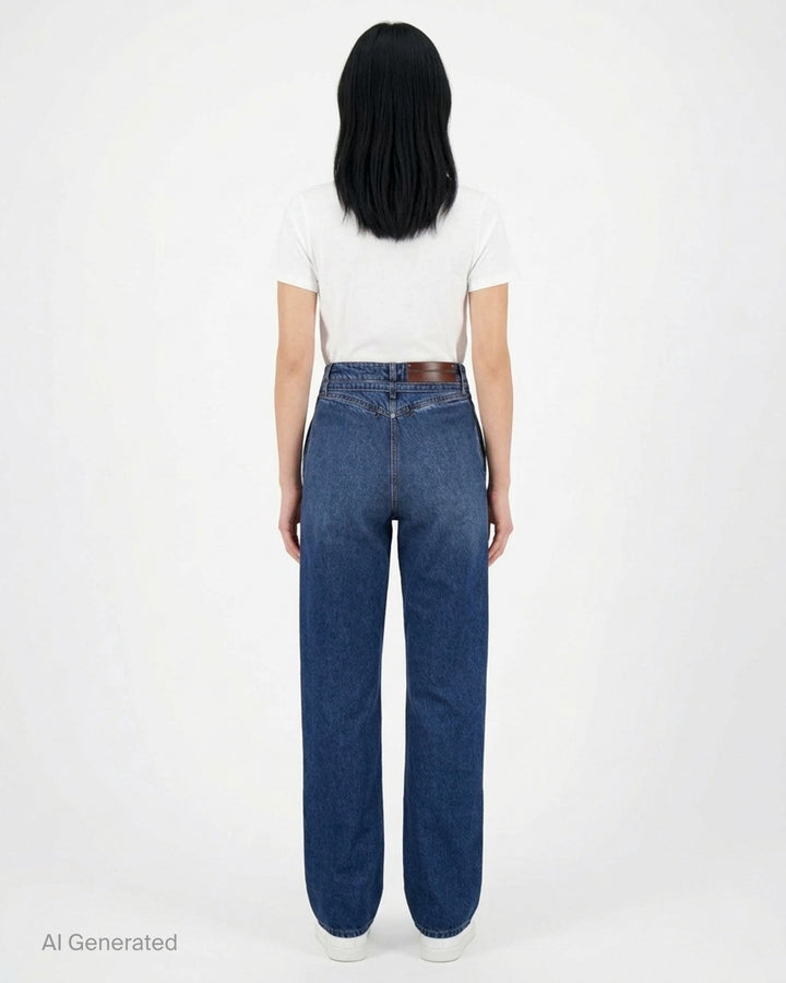 Dries Van Noten straight leg belted jeans in mid-blue denim wash, shown flat with integrated self-fabric belt and high-rise waist - back
