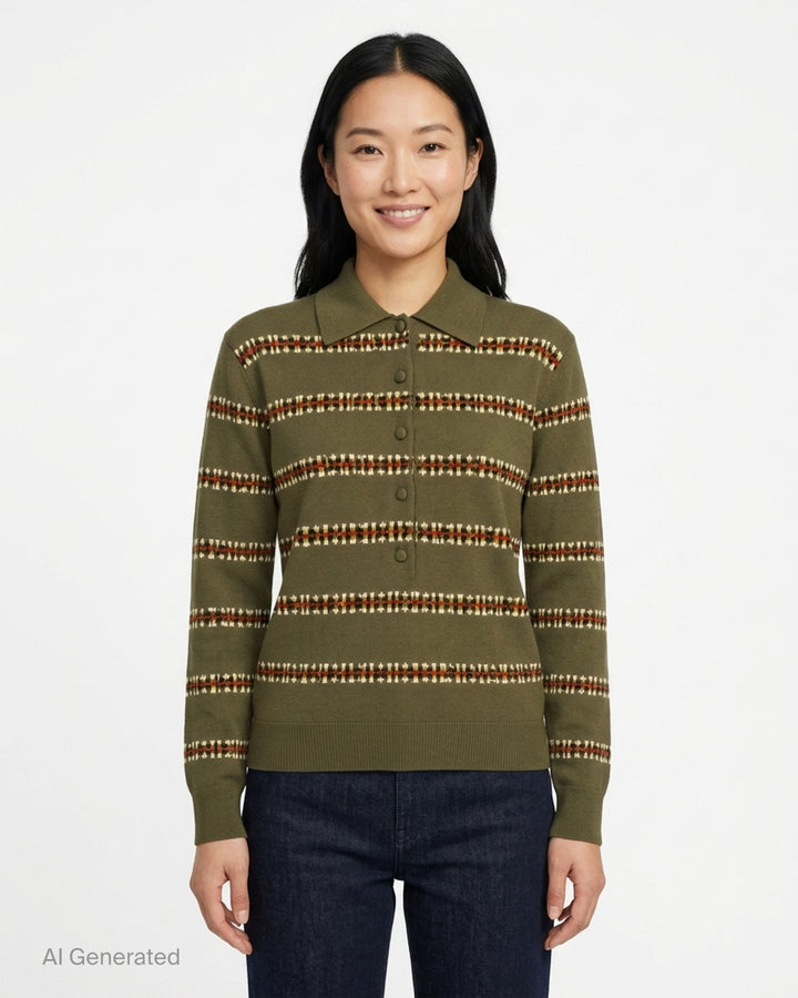 Dries Van Noten olive green long sleeve knit polo with multicolour jacquard stripes and fabric-covered buttons - front