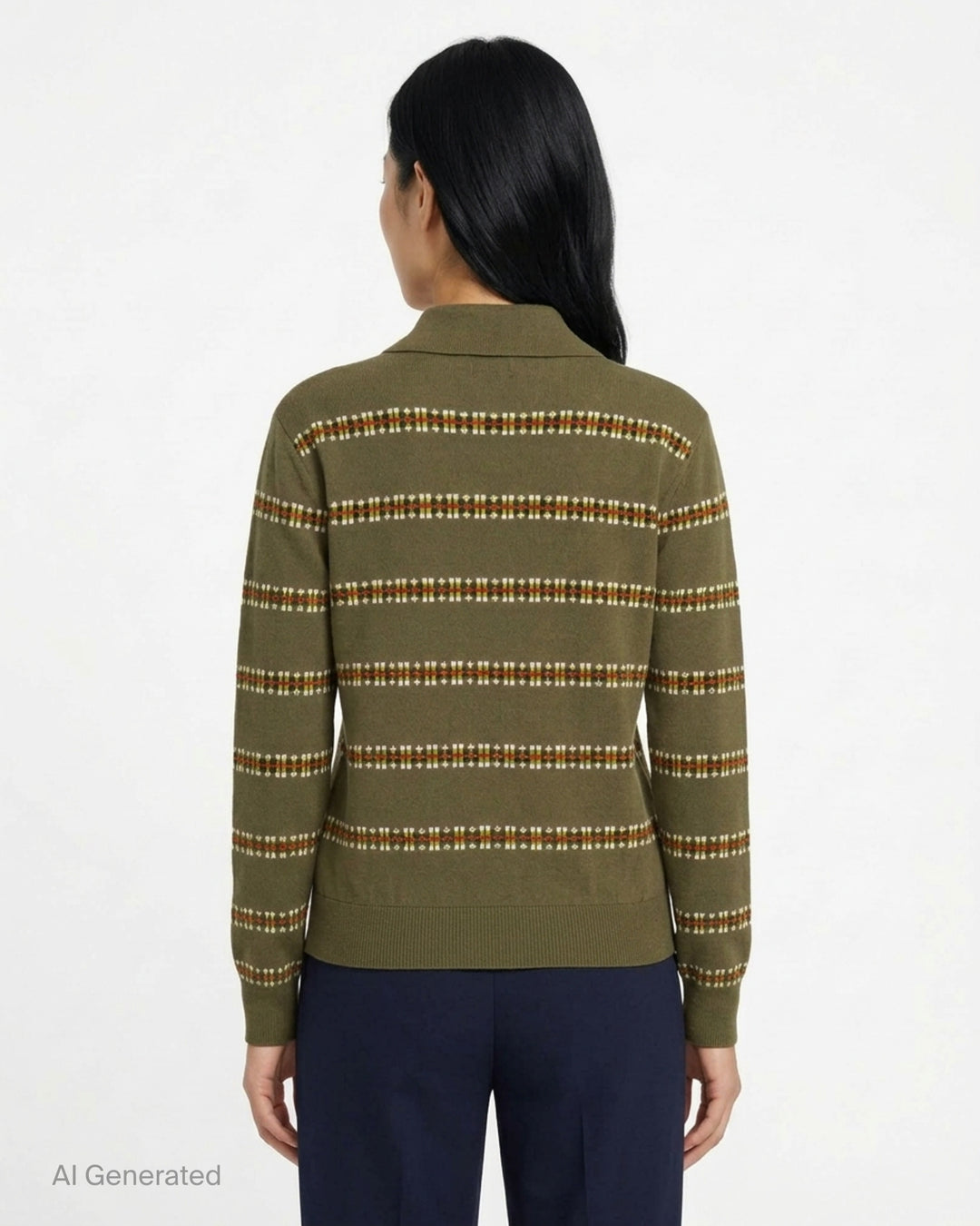 Dries Van Noten olive green long sleeve knit polo with multicolour jacquard stripes and fabric-covered buttons - back