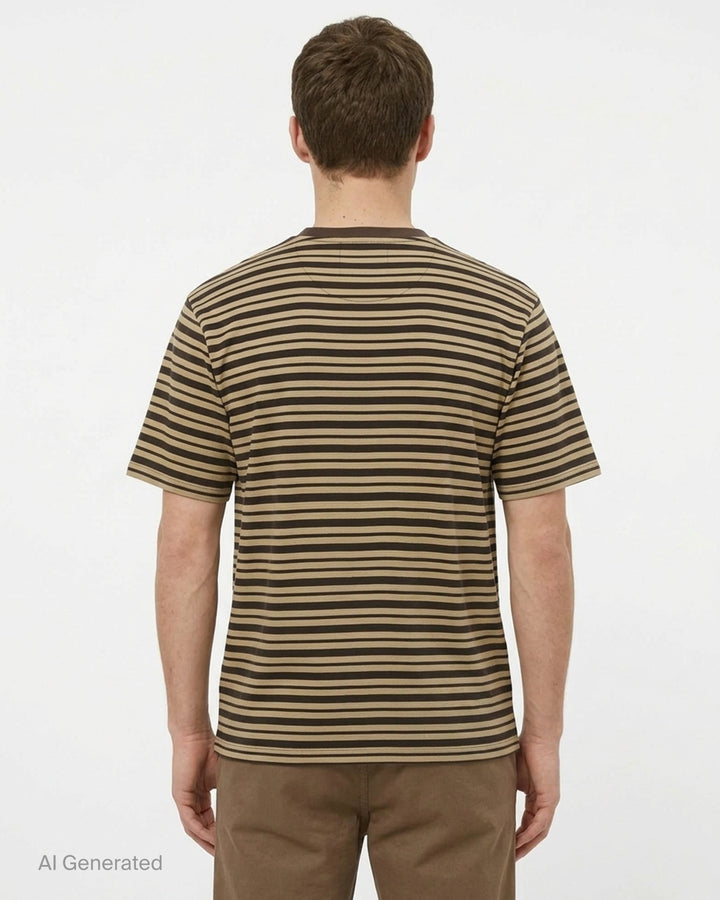 Dries Van Noten relaxed striped pocket t-shirt in multicolour horizontal stripes of burgundy, mustard, olive and grey, with a contrast vertical-stripe chest pocket and crew neck - back