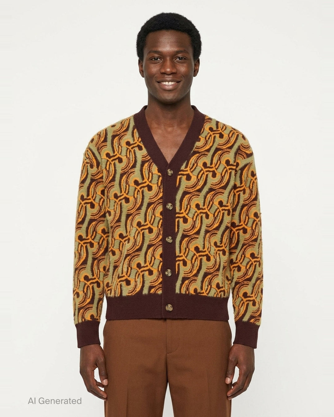 Drôle de Monsieur Mirror Abstrait Cardigan with all-over amber and sage swirl jacquard pattern, deep V-neck, burgundy ribbed trims, and horn-effect button fastening - front