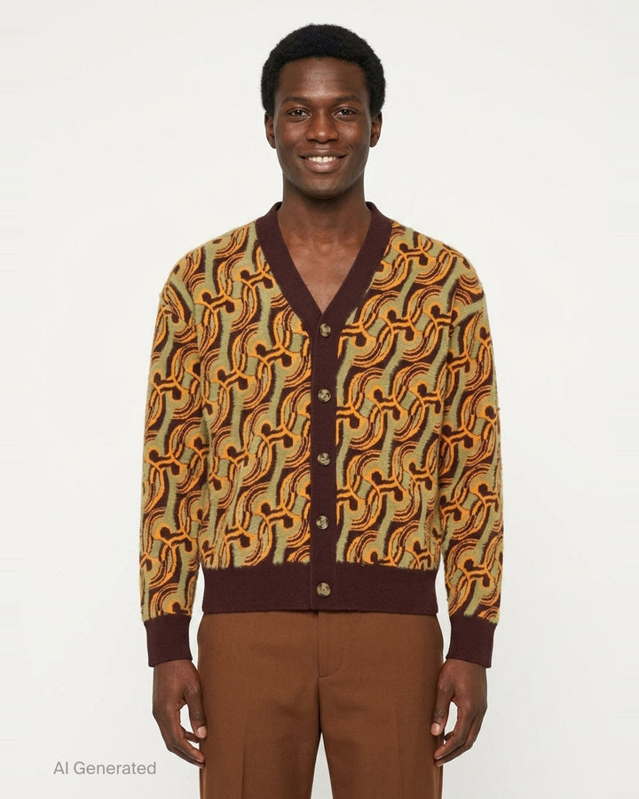 Drôle de Monsieur Mirror Abstrait Cardigan with all-over amber and sage swirl jacquard pattern, deep V-neck, burgundy ribbed trims, and horn-effect button fastening - front