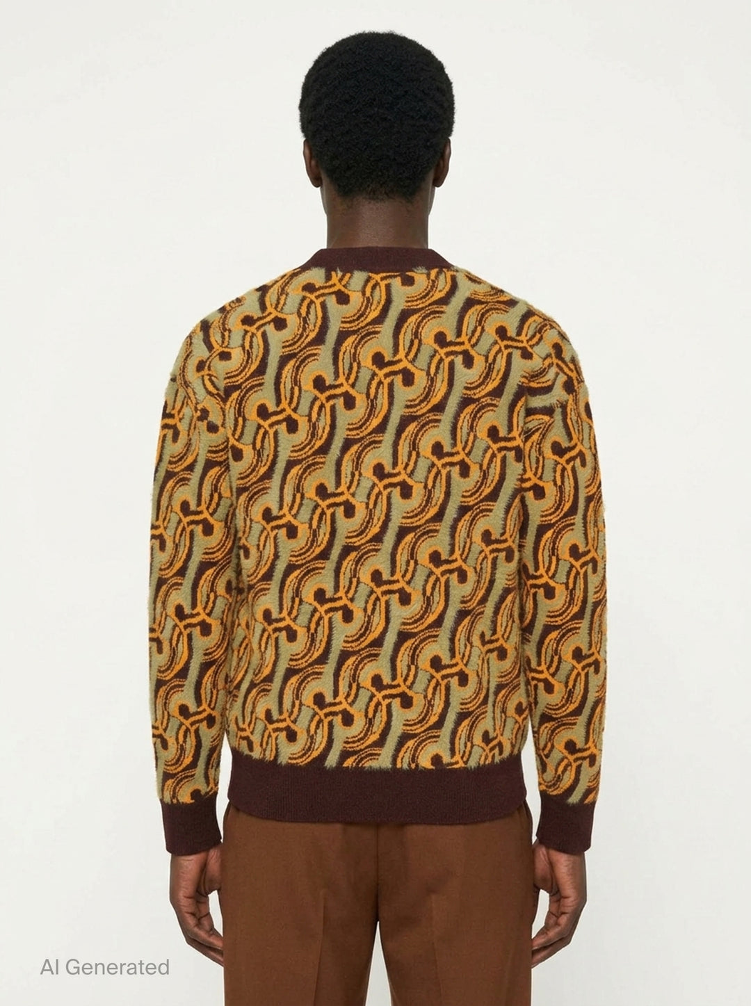 Drôle de Monsieur Mirror Abstrait Cardigan with all-over amber and sage swirl jacquard pattern, deep V-neck, burgundy ribbed trims, and horn-effect button fastening - back