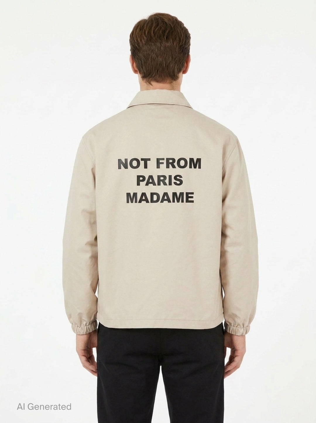 Drôle de Monsieur Not From Paris Madame slogan coach jacket in ecru with snap-button closure, point collar, elasticated cuffs, and embroidered chest slogan - back