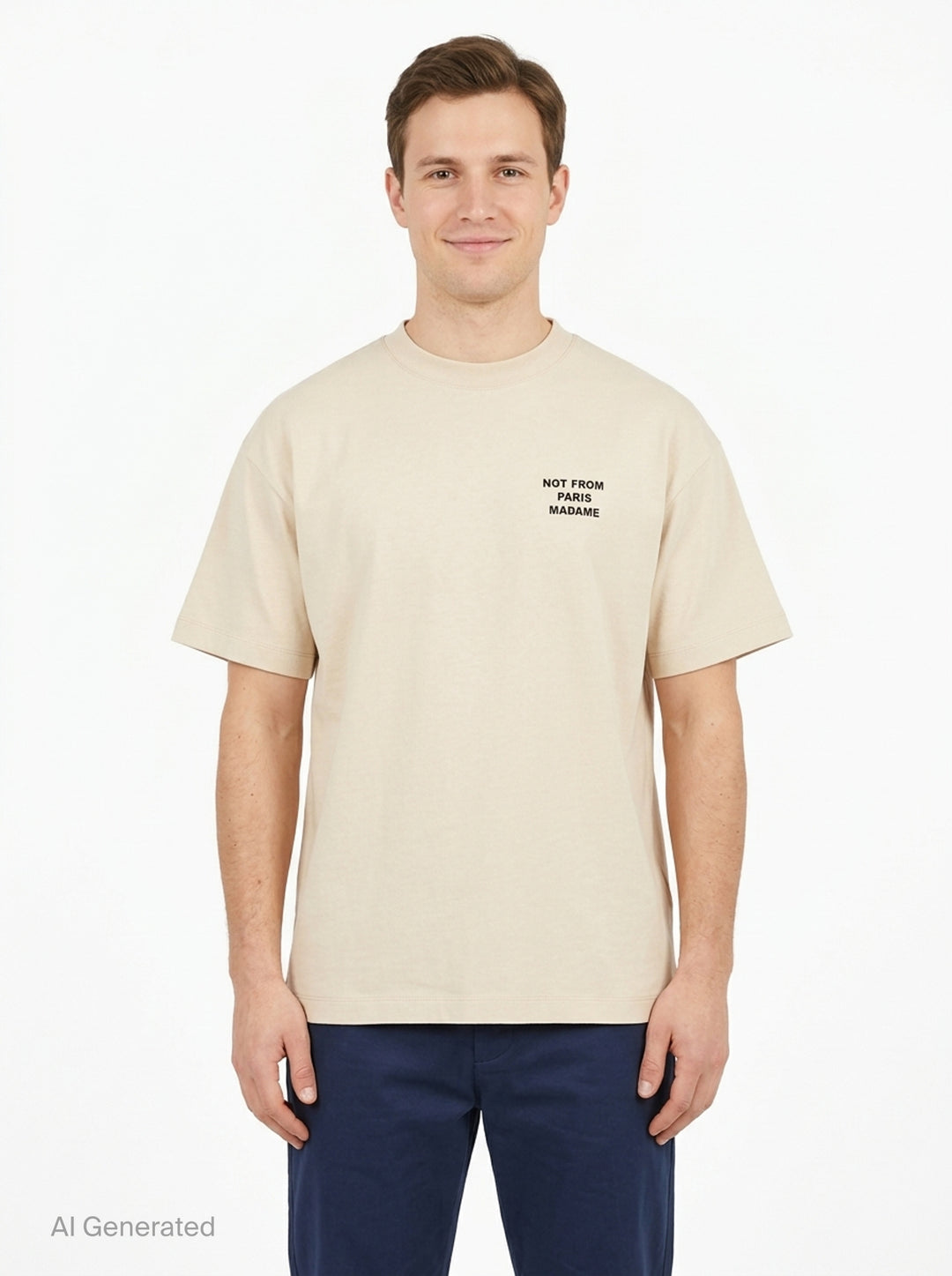 Drôle de Monsieur Not From Paris Madame slogan tee in cream with bold black chest text print, boxy fit, crew neck - front