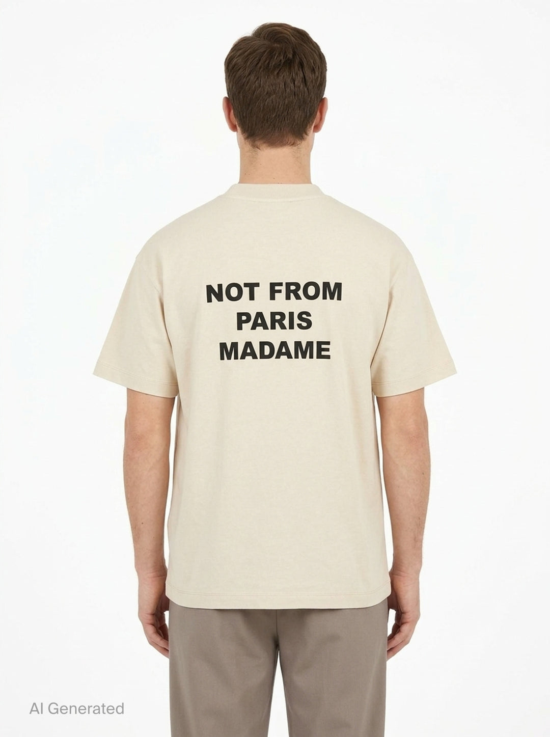 Drôle de Monsieur Not From Paris Madame slogan tee in cream with bold black chest text print, boxy fit, crew neck - back