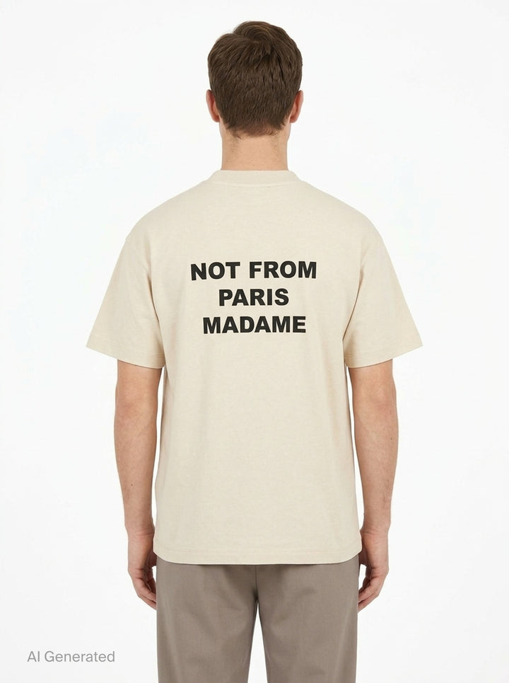 Drôle de Monsieur Not From Paris Madame slogan tee in cream with bold black chest text print, boxy fit, crew neck - back