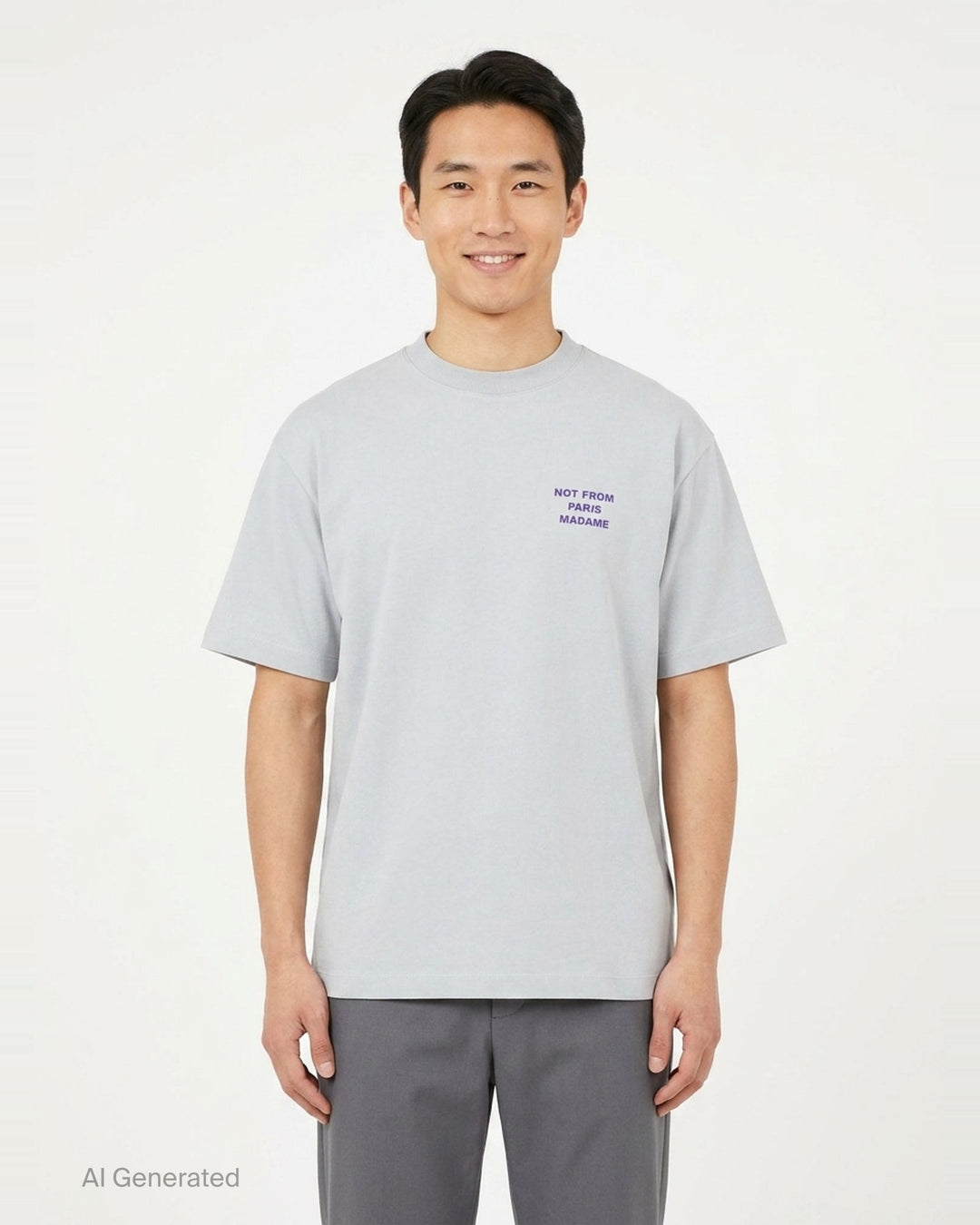 Drôle de Monsieur Not From Paris Madame pale grey oversized cotton tee with purple slogan print on the chest - front