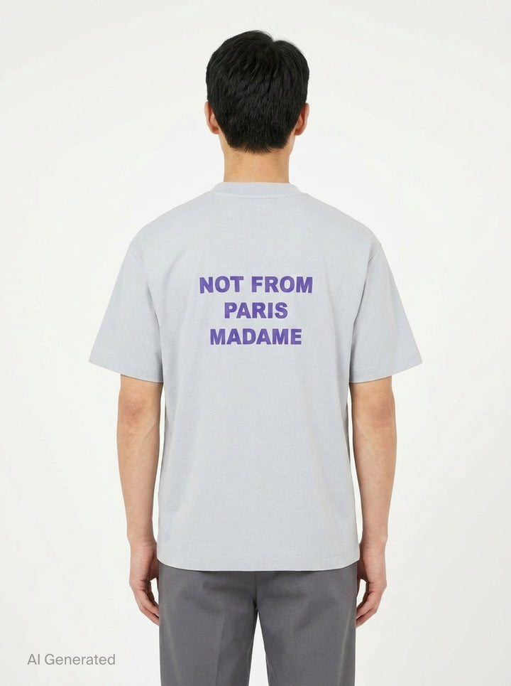 Drôle de Monsieur Not From Paris Madame pale grey oversized cotton tee with purple slogan print on the chest - back