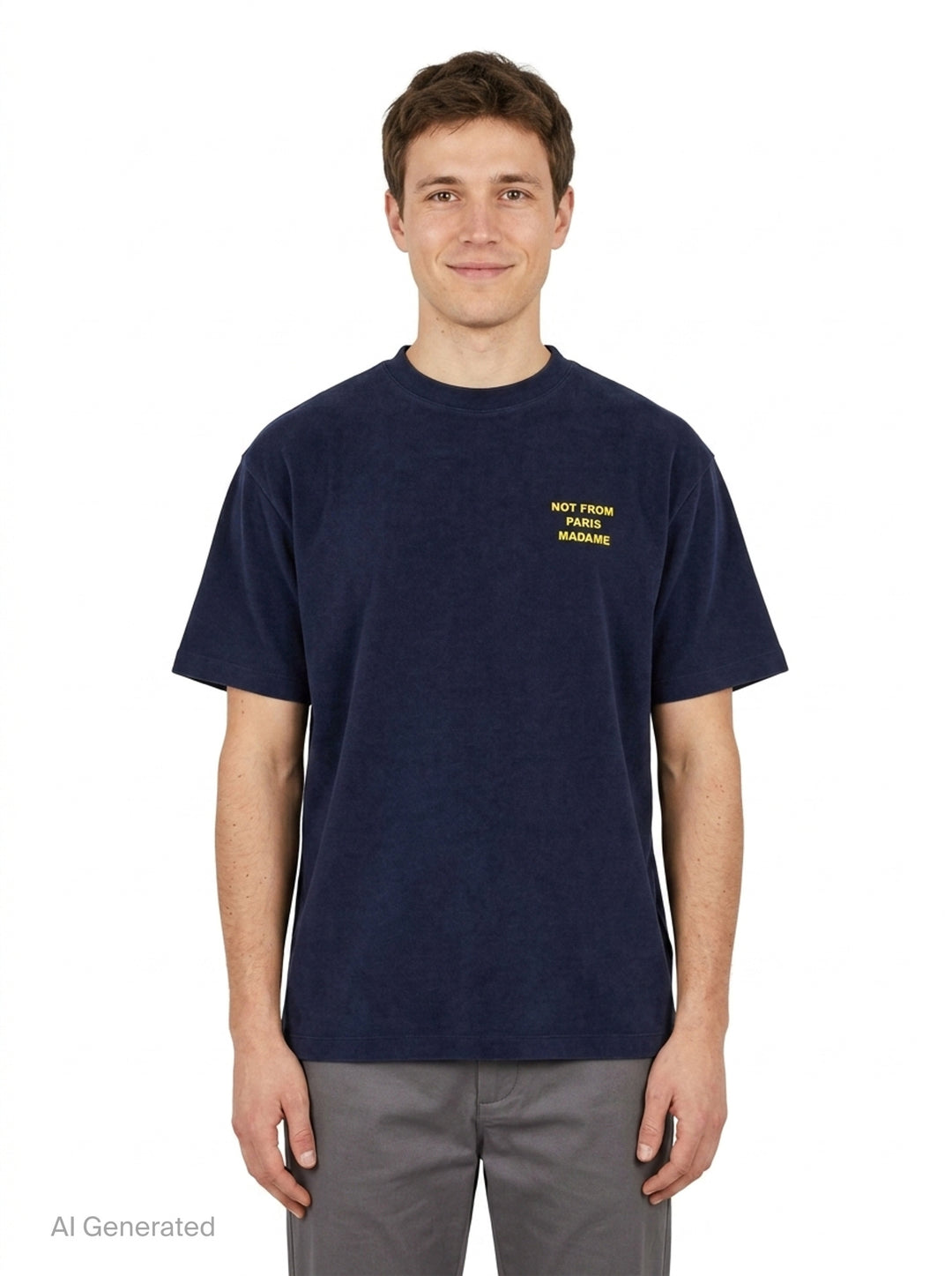 Drôle de Monsieur Not From Paris Madame navy short sleeve oversized tee with yellow slogan print on the chest - front