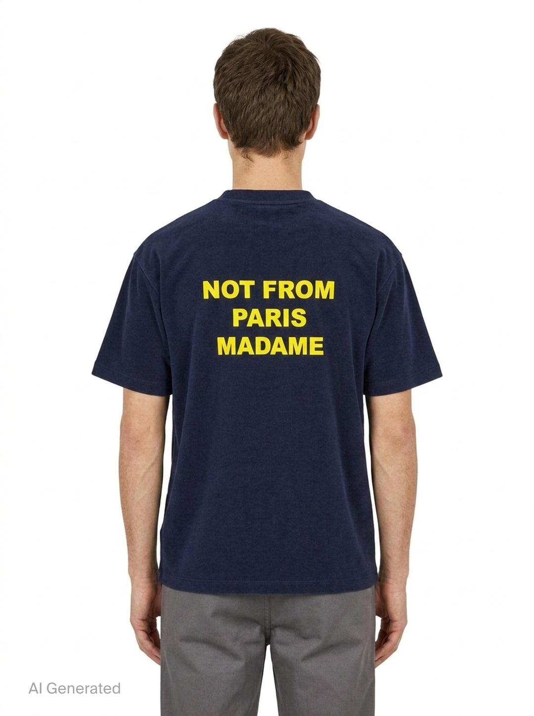 Drôle de Monsieur Not From Paris Madame navy short sleeve oversized tee with yellow slogan print on the chest - back