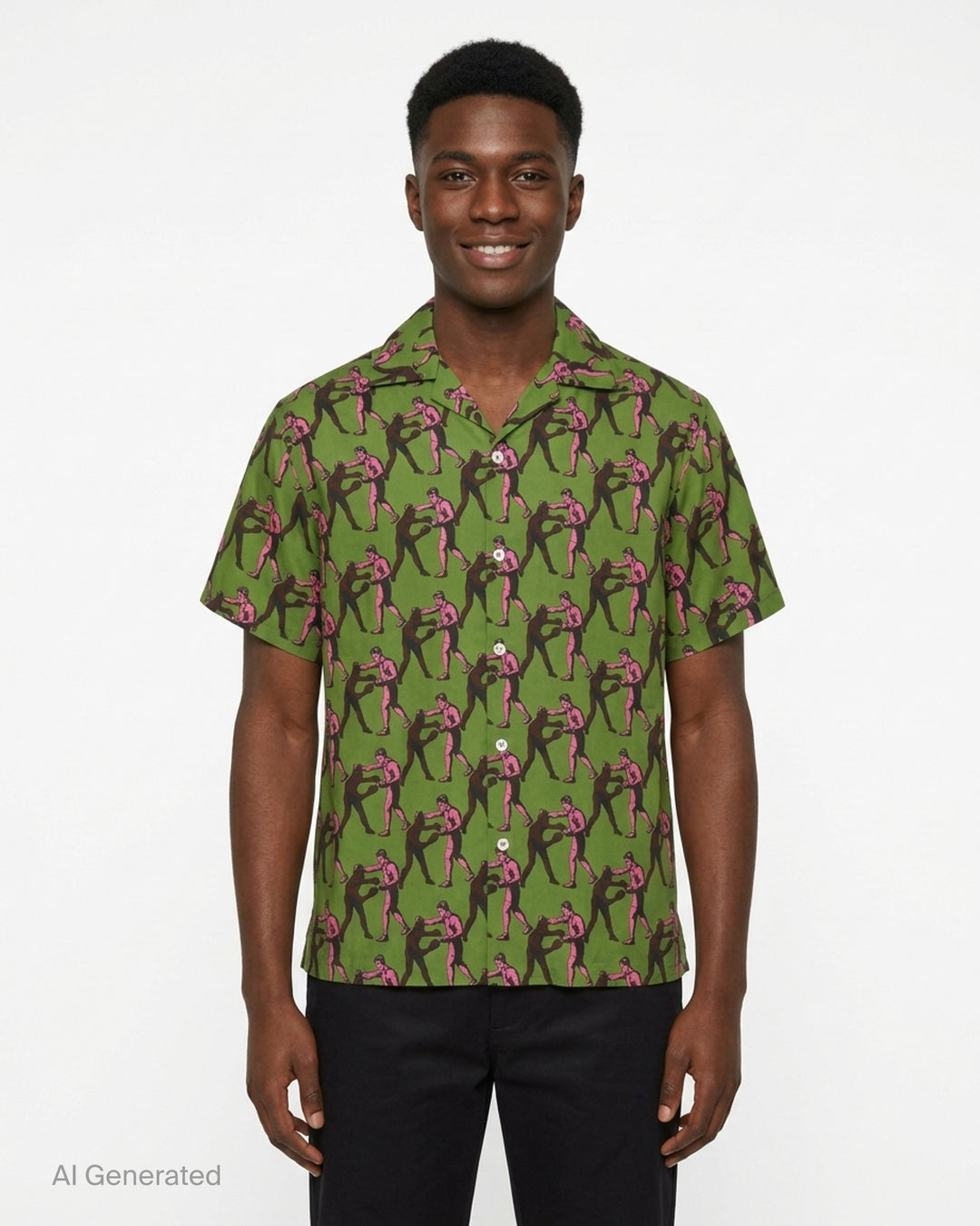 Drôle de Monsieur Notcha short sleeve shirt in green with an all-over pink and burgundy vintage boxing print, camp collar and white buttons - front