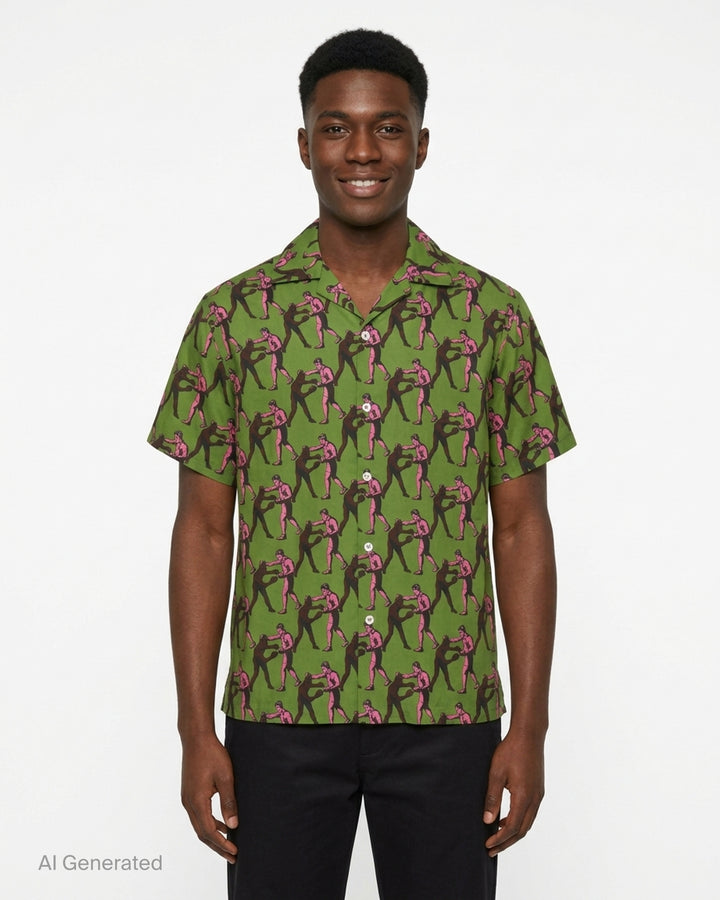Drôle de Monsieur Notcha short sleeve shirt in green with an all-over pink and burgundy vintage boxing print, camp collar and white buttons - front