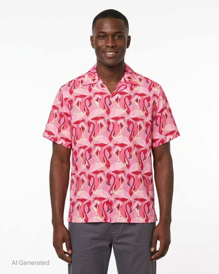 Drôle de Monsieur Notcha short sleeve shirt with an allover geometric pink and red flamingo print, camp collar and front button closure - front