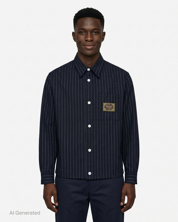 Drôle de Monsieur navy pinstripe long sleeve shirt with white buttons and a woven label on the chest pocket - front