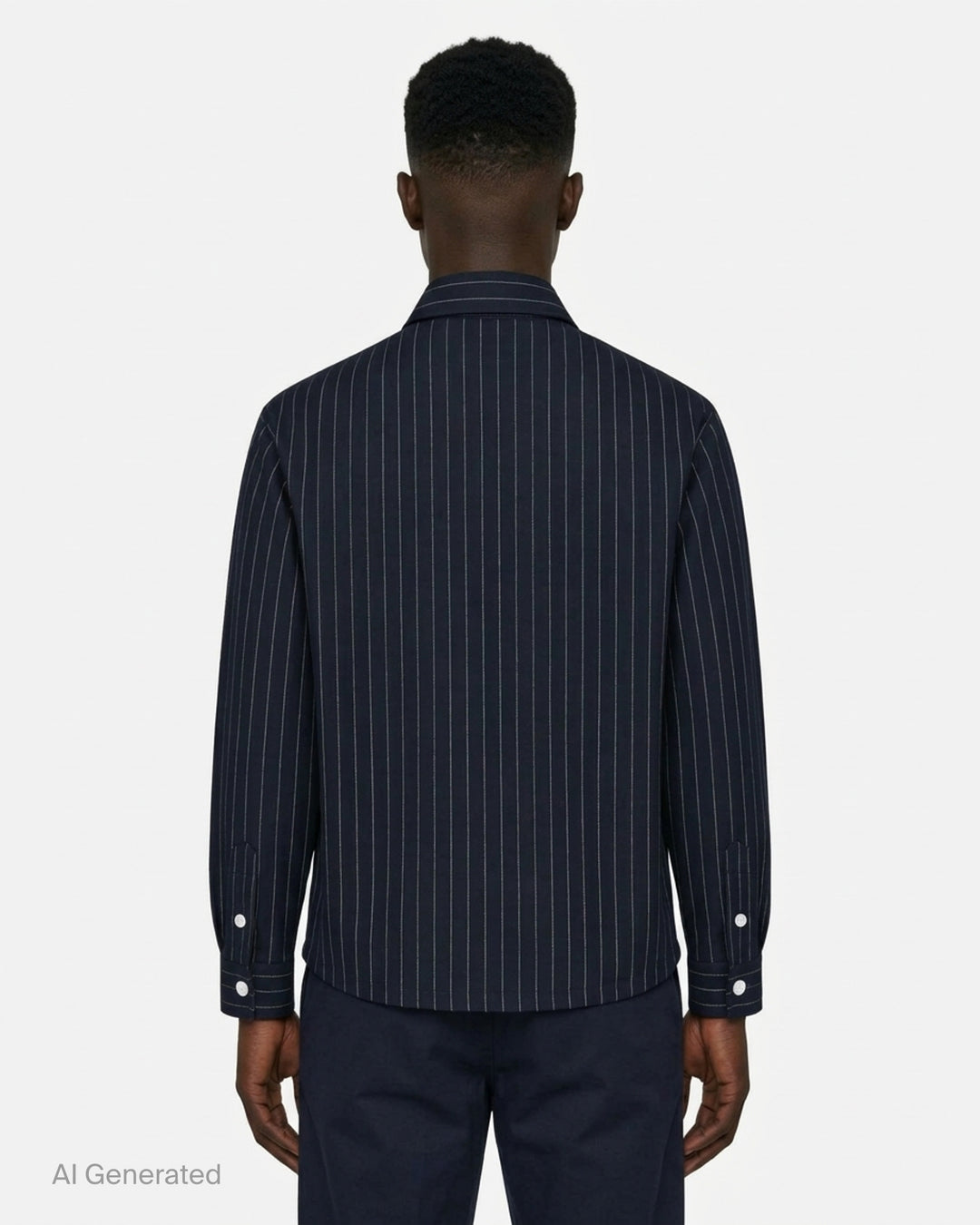 Drôle de Monsieur navy pinstripe long sleeve shirt with white buttons and a woven label on the chest pocket - back