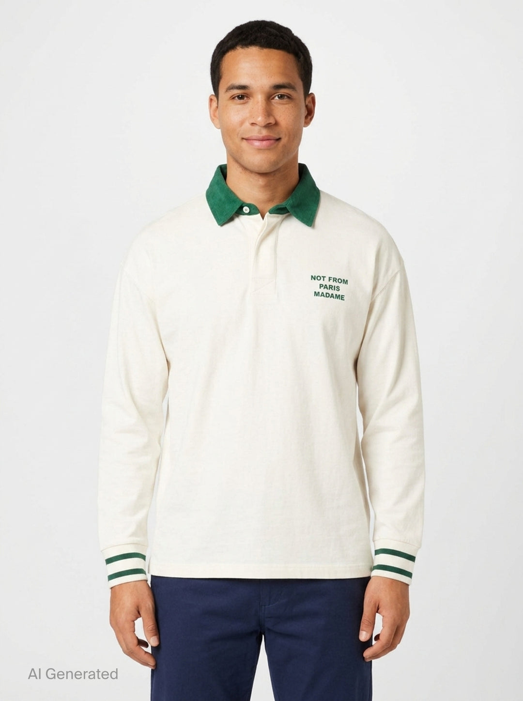 Drôle de Monsieur Slogan Long Sleeve Polo in cream with forest-green contrast collar, striped ribbed cuffs, and 'Not From Paris Madame' chest embroidery - front