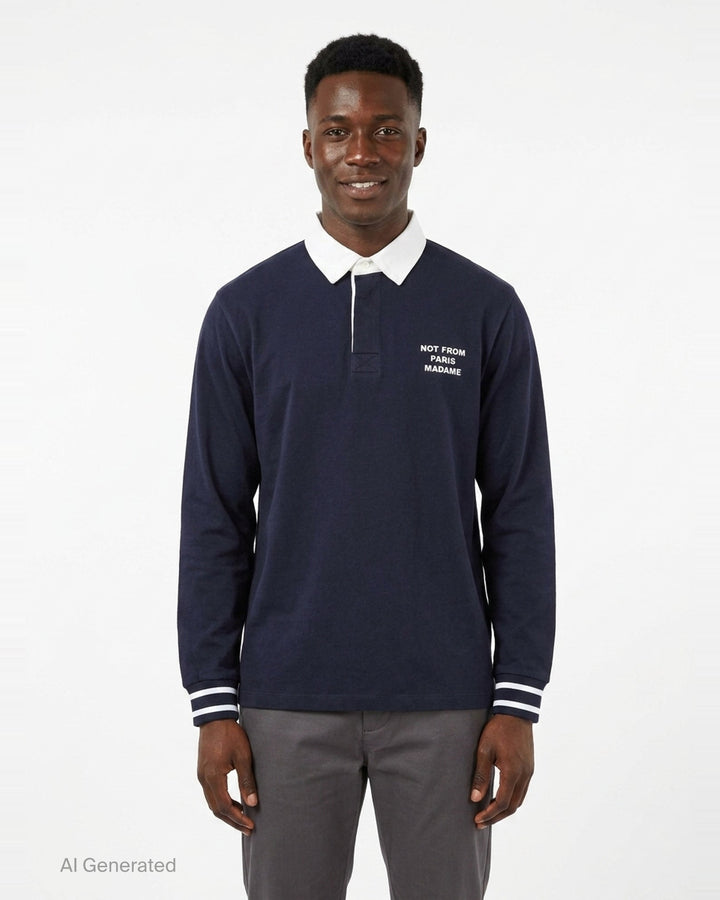 Drôle de Monsieur Slogan Long Sleeve Polo in navy with contrast white collar, striped ribbed cuffs, and 'Not From Paris Madame' chest embroidery - front